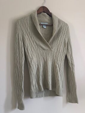 100% Cashmere Cable Knit Shawl Collar Sweater in Celery Green